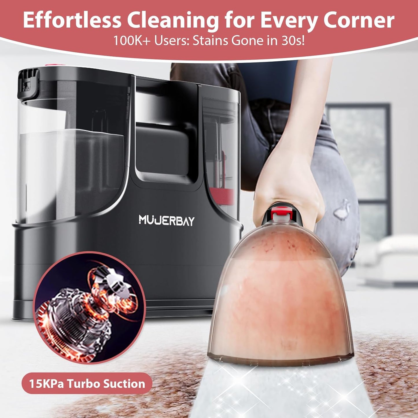Carpet Cleaner, MUJERBAY 15Kpa Portable Spot and Stain Cleaner, Easy Move with Handle, 1.5-inch Deep Cleaning Machine for Couch, Stairs, Car and Pet Messes. Red