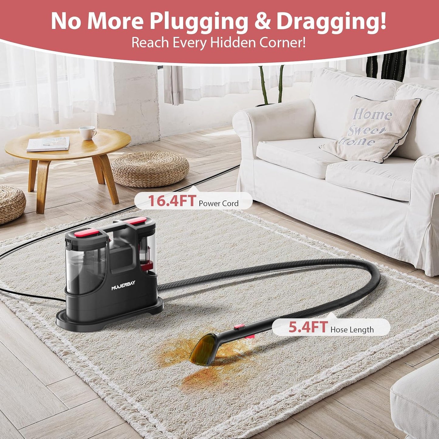 Carpet Cleaner, MUJERBAY 15Kpa Portable Spot and Stain Cleaner, Easy Move with Handle, 1.5-inch Deep Cleaning Machine for Couch, Stairs, Car and Pet Messes. Red